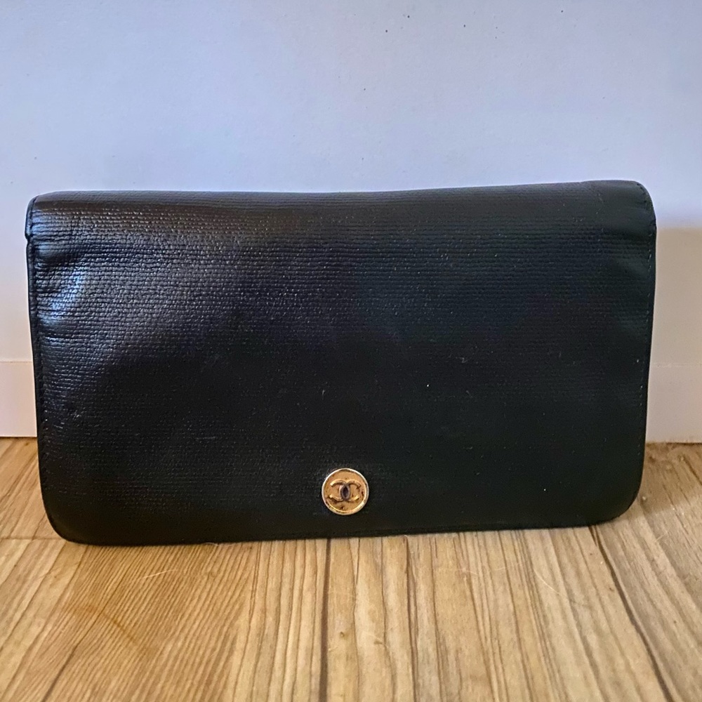 Authentic Chanel black leather clutch wallet
